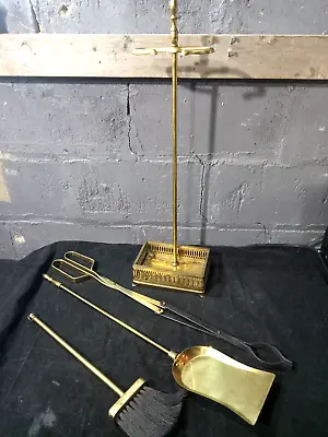 Vintage Solid Brass Fireplace Tool Set 4 Piece Stand Mid Century Modern • $89.99