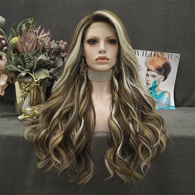 Brown Mixed Blonde Wig Synthetic Lace Front Wig Long Water Wave Wig Heat • $95.33