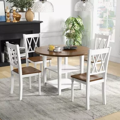 5 PCS Round Dining Table Set Farmhouse Dinette Set Solid Wood Kitchen Furniture • £279.95