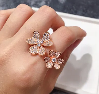 2 Flowers Leaf Clover Pave Cubic Zirconia Statement Ring Frivole Clover Pave... • $35