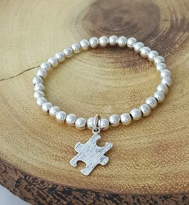 £3.99 • Buy Silver Plated 5mm Bead Stacking Bracelet - Jigsaw Autism Awareness Charm 