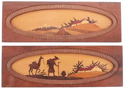 Vintage Pair Ecuadorian Wooden Marquetry Inlaid Wood Picture South American 1945 • $44.99
