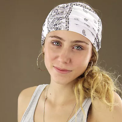 Paisley White Stretch Cotton Tube Headband Wrap Durag Bandana Hippie Boho Dreads • $8