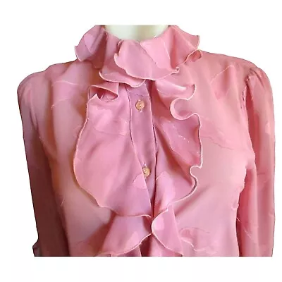 Vintage 1980s Womens Secretary Top Small Pink Frilly Bodice Nylon Boho Mom • $24.30