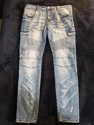 Preme Men's Distressed Cargo Acid Wash Biker Jeans Size 38X34 • $39.99