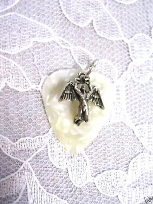 PEARLY WHITE REAL GUITAR PICK With ICARUS SWAN SONG ANGEL PENDANT ADJ NECKLACE • $6.99