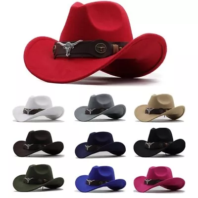 Western Cowboy Hat Wool Jazz Sombrero Felt Cap Cow Head Ribbon For Men Women • $21.99