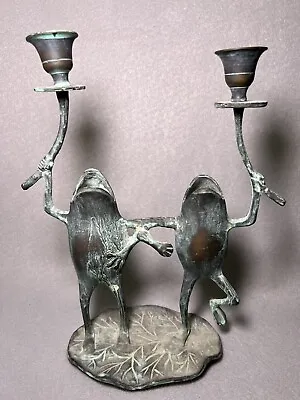 Brass Patina Dancing Frogs On A Lily Pad Metal Candle Stick Holder • $32