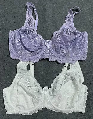 2 X LA SENZA/SORBET 38DD Unpadded FULL CUP BRAS Underwired LILAC/WHITE Vgc • £11.99