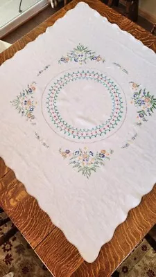 Vintage Square Table Cloth - Linen - Hand Embroidered - 38  X 40  Excellent Cond • $24