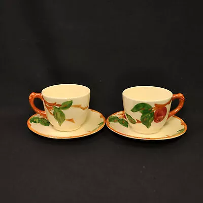 Franciscan Apple 2 Sets Cups & Saucers 1953-1958 USA HP Red Green Brown Embossed • £27.93