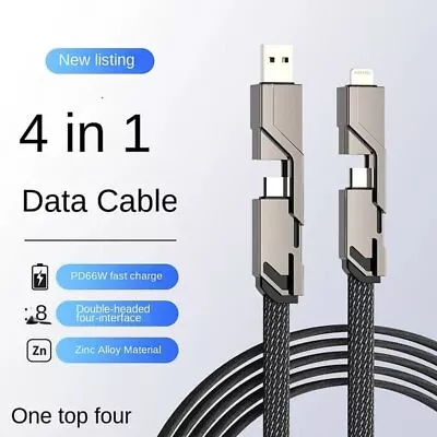 4-in-1 Flat Braided Anti-tangle Charger Cable For IPhone Samsung Type C USB Lead • £6.66