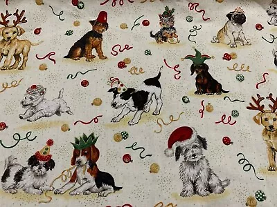 VINTAGE 722 Puppies Christmas 100% Cotton Quilt Quilting Fabric Approx. 35”x30” • $14.99