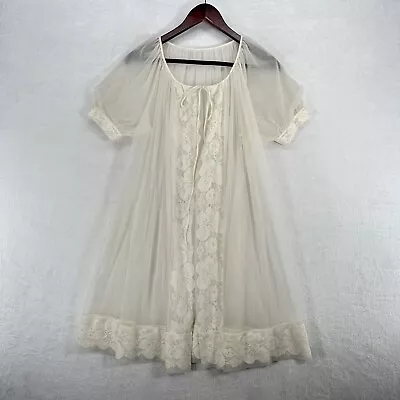 Vintage Gaymode Pennys Robe White Sheer Chiffon Lace Peignoir 60s Tie Front Top • $35