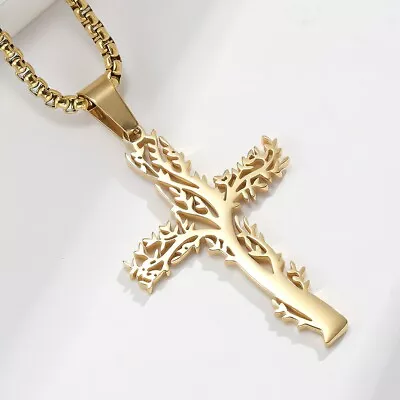 Cross Pendant Necklace For Men Women Stainless Steel Tree Of Life Necklace Chain • $9.99