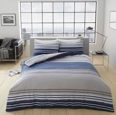 £15.89 • Buy Striped Duvet Cover Luxury Reversible Quilt Bedding Linen Set Double Navy Blue