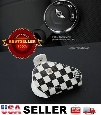 Black Checkered Leather Holder Case Chain Cover For 08-13 Cooper Remote Key Fob • $13.50