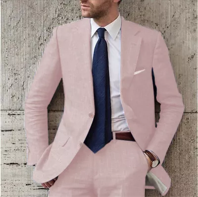 Men 2Pcs Linen Suit Summer Beach Grooms Bestmen Wedding Blazer+Pants 42r 44r 46r • $69.99