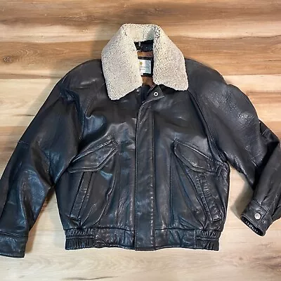 Bill Blass Leather Jacket Mens Large Bomber Sherpa Lined Black Lined Vintage • $69.99