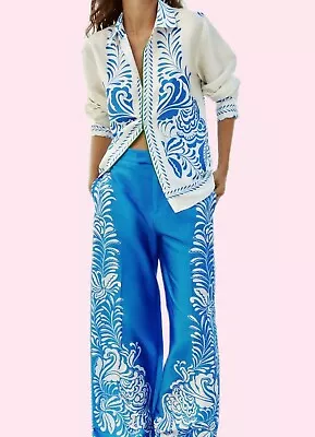Zara 2024 White Turquoise Poly Silk Tile Floral Botanical Shirt Trousers Set • £29.99