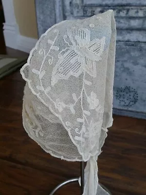 Antique Tulle Net Lace Baby Bonnet Butterflies & Flowers • $10