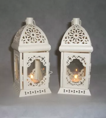 Cream Set  2 X METAL Lanterns Glass With 2 Free X 20 LED Lights Weddings • £10.99