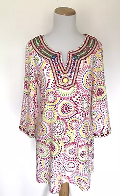 Barbara Gerwit Tunic Dress L White Red Pink Blue Cotton Stretch Beaded Mosaic • $38.50