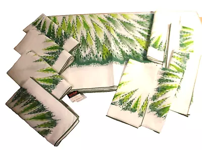 Vintage 1970's Italian Cotton Cream Green Geometric Tablecloth & 9 Napkins NOS • $51.34