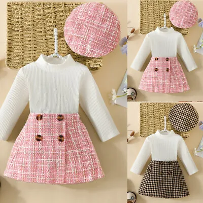 3PCS Toddler Baby Girls Ribbed Top Shirt Plaid Skirt Hat Kids Clothes Outfit Set • £2.69