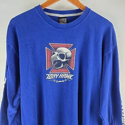 Vintage 90's Tony Hawk Shirt Long Sleeve Size L Blue Birdhouse Chicken Skull  • $84