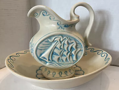 Vintage McCoy Pottery Pitcher + Basin Bowl Clipper Ship Nautical Ivory Blue 1940 • $25