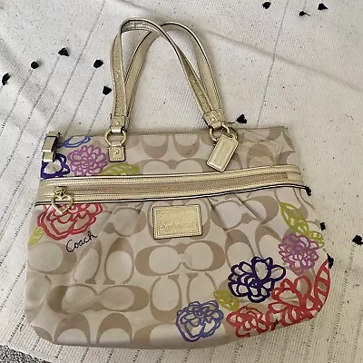 Vintage  Coach Poppy Daisy Edition Signature Floral Gold Glitter Tote Bag • $26.25