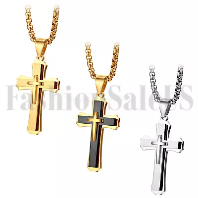 Mens Stainless Steel Double Layer Bible Lords Cross Pendant Lucky Necklace Chain • $9.99