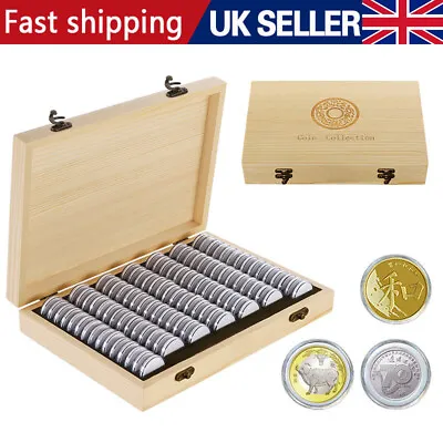 100 Coins Display Storage Box Case Capsules Wooden For Collectible Coin Set UK • £17.88