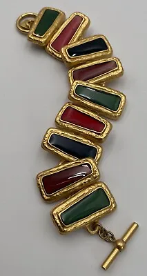 VTG Signed Anne Klein Red Green Gold Tone Enamel Toggle Bracelet Byzantine Style • $59.95