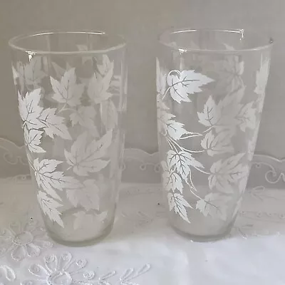 Vintage Hazel Atlas Clear Glass Beverage Glasses Two White Leaves Tumbler 5-3/4 • $5