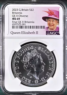 2023 Uk 2 Pound Final Silver Britannia With QE II Effigy Ngc Ms69 QE II Label • $15.50