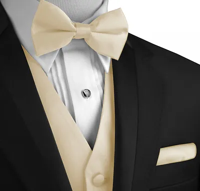 Men's Champagne Satin Formal Tuxedo Vest Bow-Tie & Hankie Set XS - 6XL • $19.89