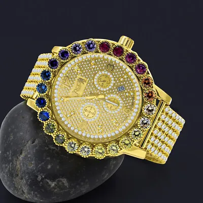 Custom Diamond Time Piece Rainbow Gold Multi Tone Solitaire Set Men's Watch 55mm • £240.93