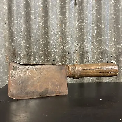 Vintage Meat Cleaver Knife. Unknown Markings. Wood & Brass Handle • $106