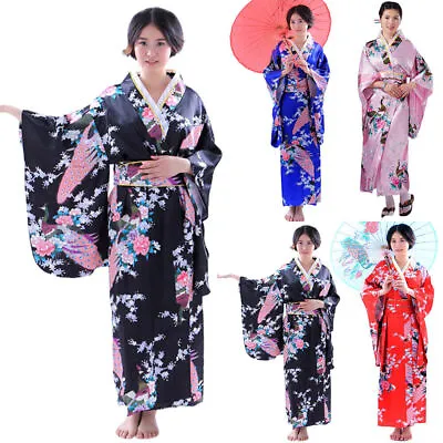 Women Floral Traditional Japanese Kimono Blossom Yukata Belt Long Robe Costume • £18.95