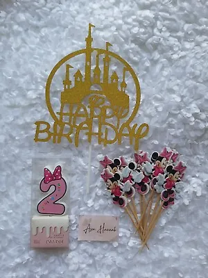 Number 2 Happy Birthday Candle + Minnie Mouse Picks + Disney Castle Cake Topper. • $7.45