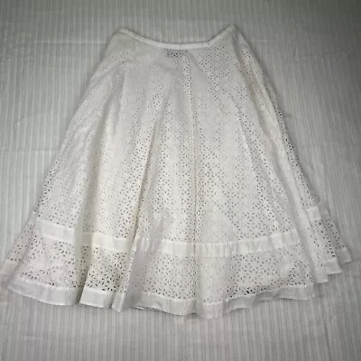 Ralph Lauren White Cotton Embroidered Mixed Eyelet Panel A-line Midi Skirt 2/4 • $19.99