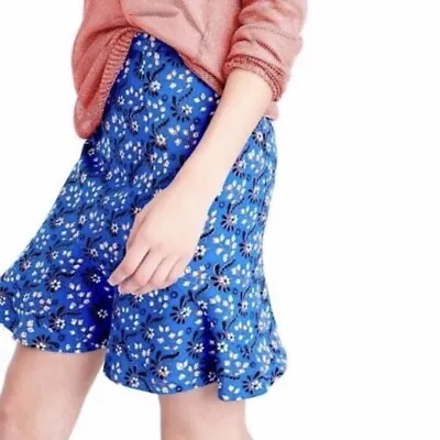 J. Crew Flounce Mini Skirt Vintage Scarf Blue Floral Crepe E1156 Women’s Size 8 • $18