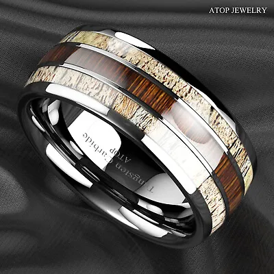 8mm Silver Tungsten Ring With Deer Antler Koa Wood Men Wedding Band ATOP Jewelry • $21.99