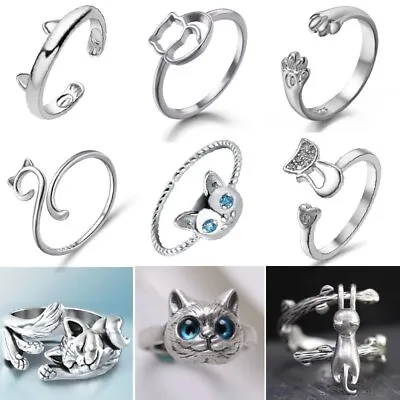 Cute Cat Rings 925 Silver Open Finger Ring Wome Jewelry Gift Adjustable • $3.15