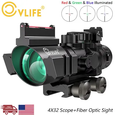4X32 Tactical Rifle Scope Tri-Illuminated Reticle ACOG Scope W/Fiber Optic Sight • $55.99