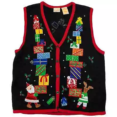 Vintage Bobbie Brooks Sweater Vest Holiday Christmas Presents Black Size XL • $16.99