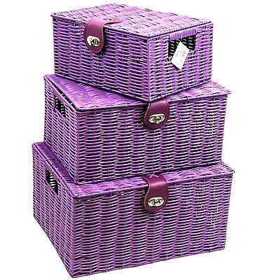 Storage Basket Purple Resin Woven Hamper Box With Lid & Lock In 3 Size • £10.99