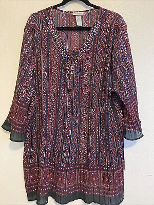 CATHERINES 3X Tunic Blouse Geometric Accordian Semi Sheer Beaded Top 26/28 • $25.99